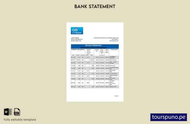 listo para imprimir plantilla de Excel de extracto bancario de Citibank de Costa